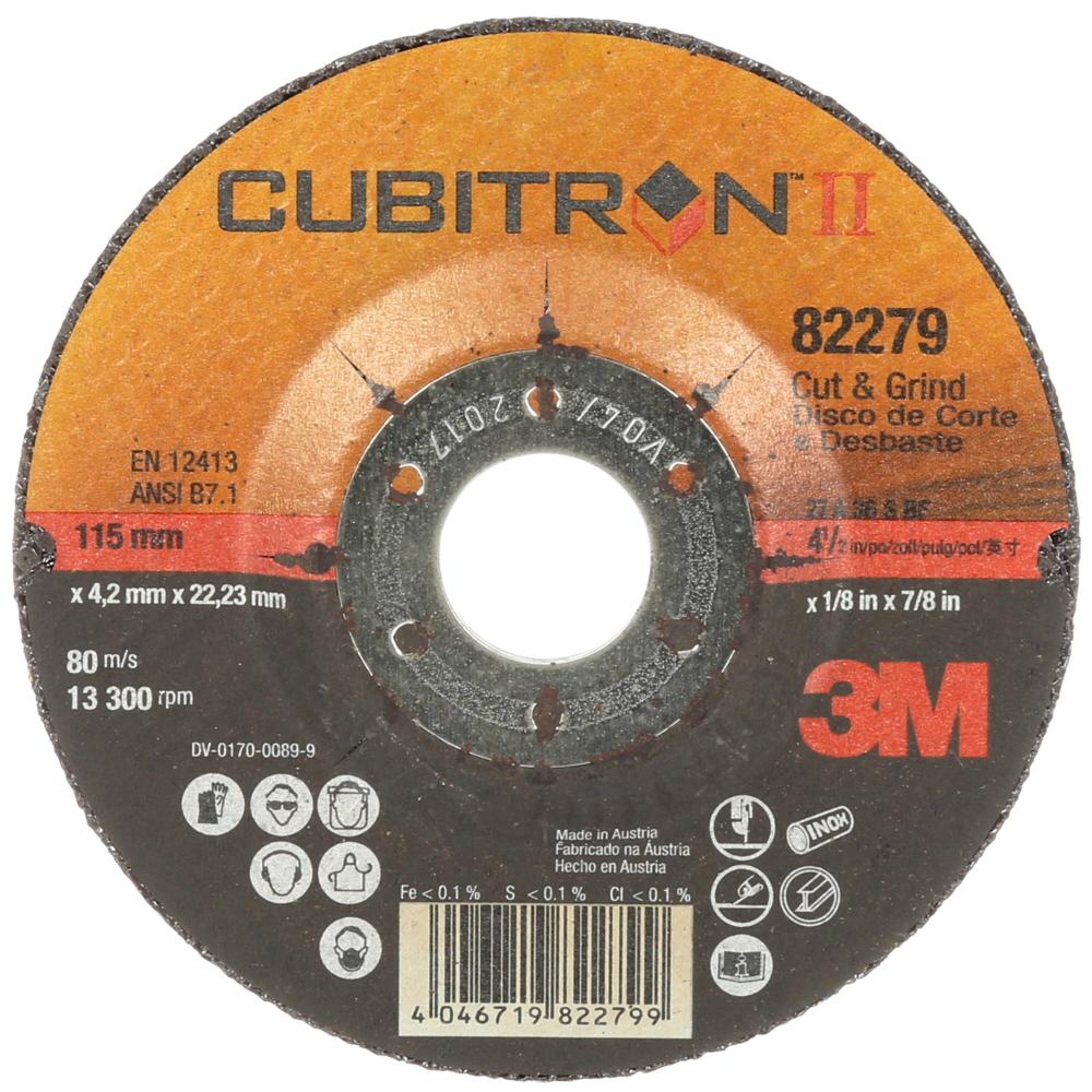 3M Cubitron II Cut and Grind Wheel, 82279, T27, black, 4 1/2 in x 1/8 in x 7/8 in<span class=' ItemWarning' style='display:block;'>Item is usually in stock, but we&#39;ll be in touch if there&#39;s a problem<br /></span>