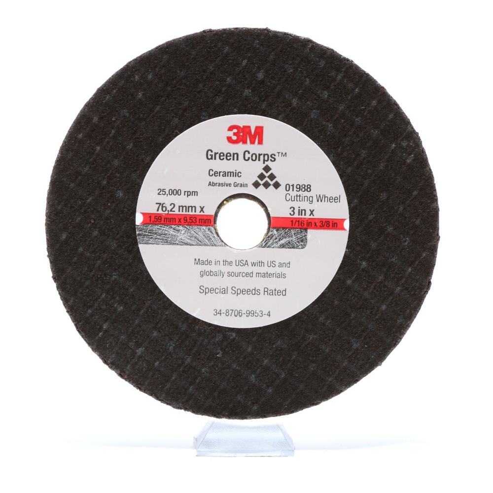 3M General Purpose Cut-Off Wheel, 01988, 3 in x 1/16 in x 3/8 in<span class=' ItemWarning' style='display:block;'>Item is usually in stock, but we&#39;ll be in touch if there&#39;s a problem<br /></span>