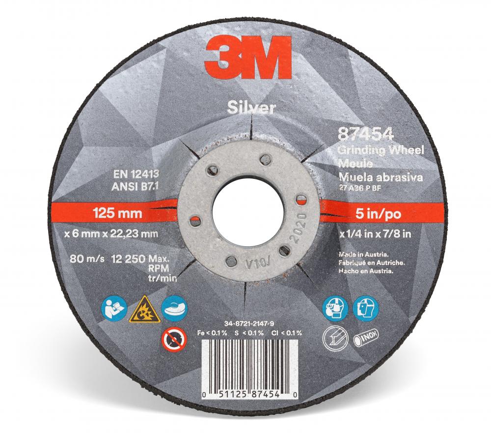 3M&trade; Silver Depressed Center Grinding Wheel, 87454, T27, black, 5 in x 1/4 in x 7/8 in (12.70<span class=' ItemWarning' style='display:block;'>Item is usually in stock, but we&#39;ll be in touch if there&#39;s a problem<br /></span>